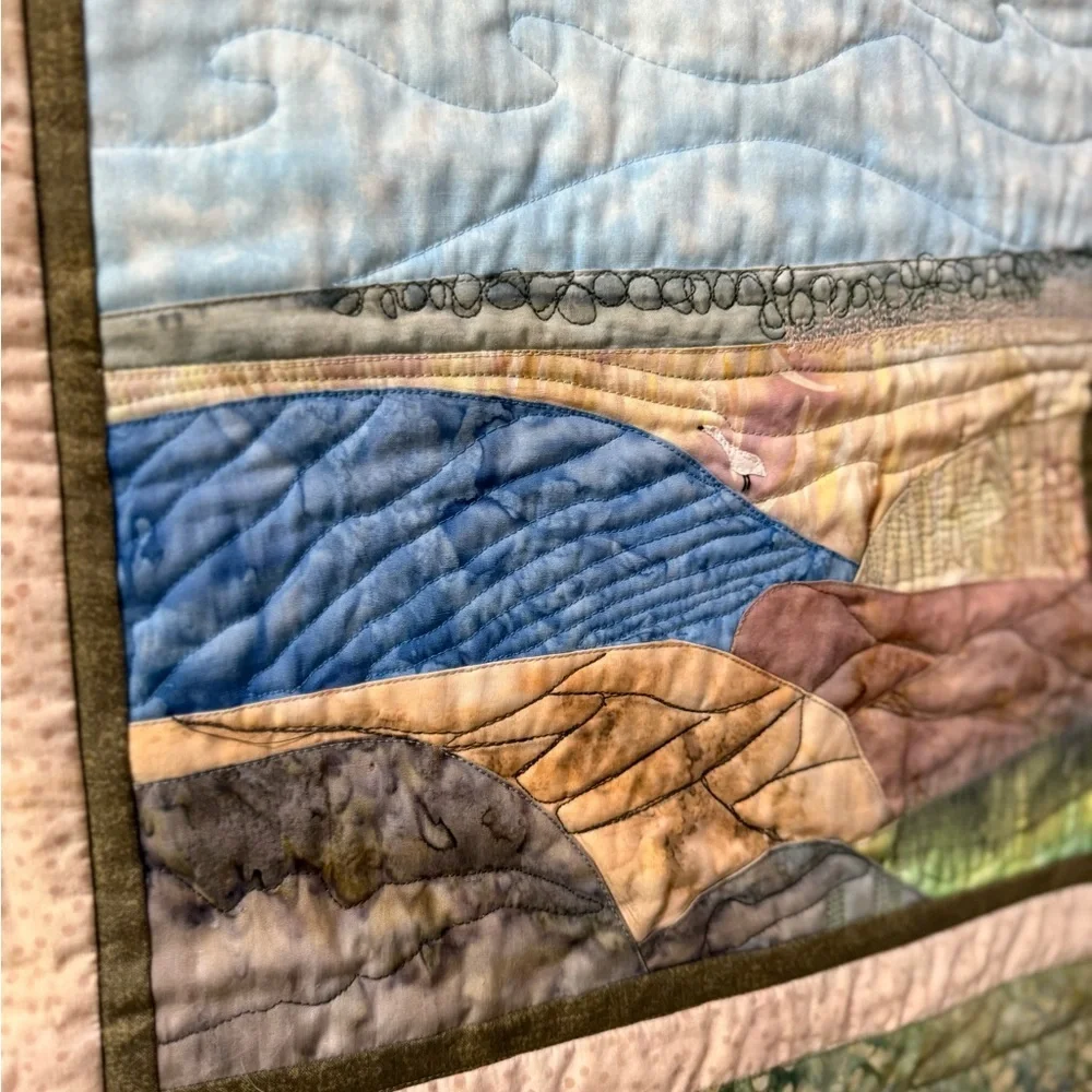 Scenic Quilted 2007 rocky beach and bird Wall Hanging - Multicolor